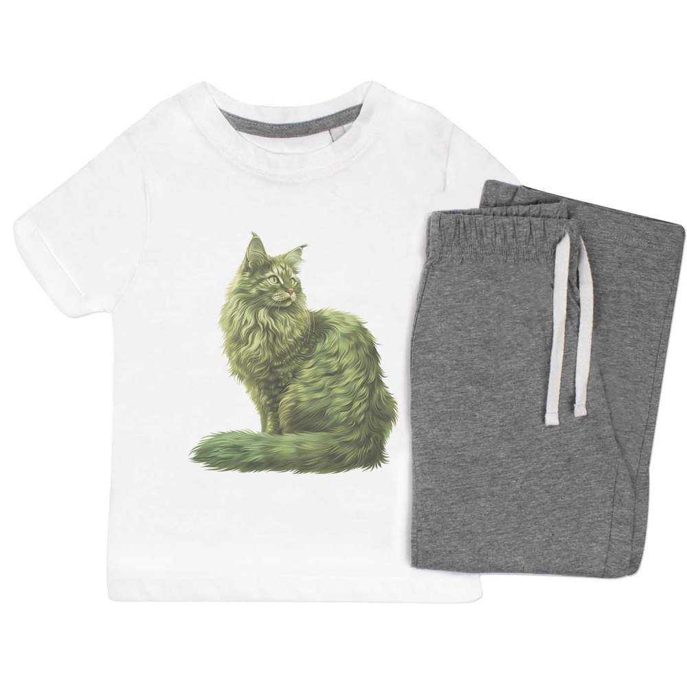 'Green Turkish Angora Cat' Kids Nightwear / Pyjama Set (KP049477)
