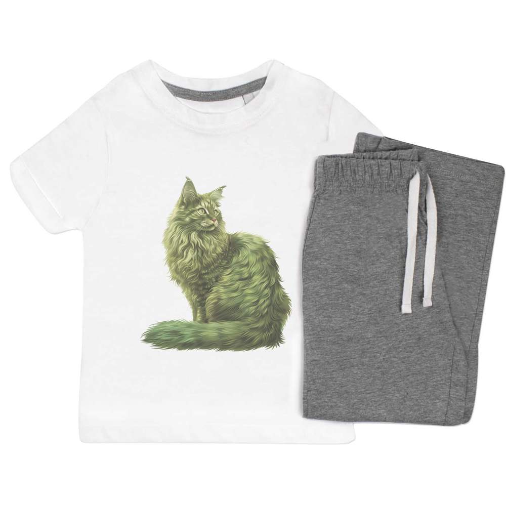 'Green Turkish Angora Cat' Kids Nightwear / Pyjama Set (KP049477)