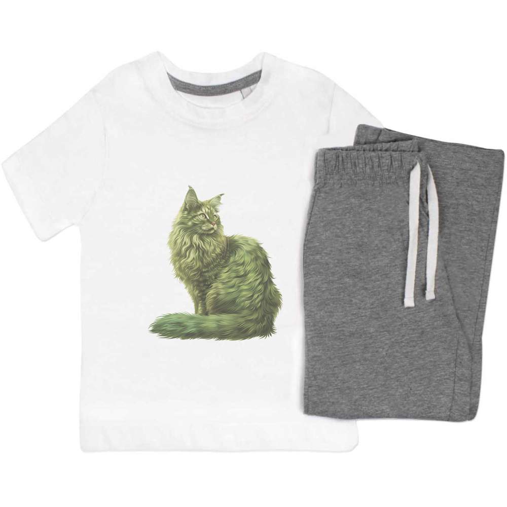 'Green Turkish Angora Cat' Kids Nightwear / Pyjama Set (KP049477)