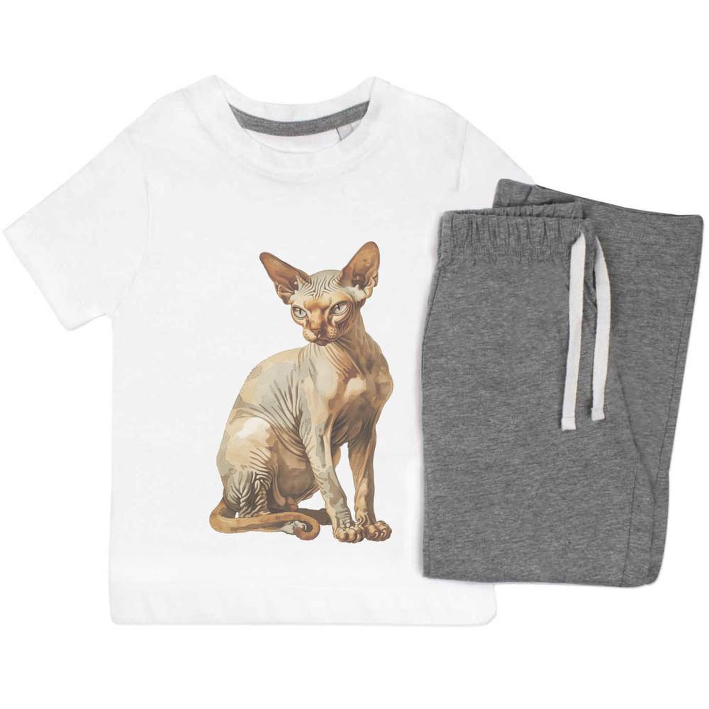 'Sphynx Cat Sitting' Kids Nightwear / Pyjama Set (KP051238)