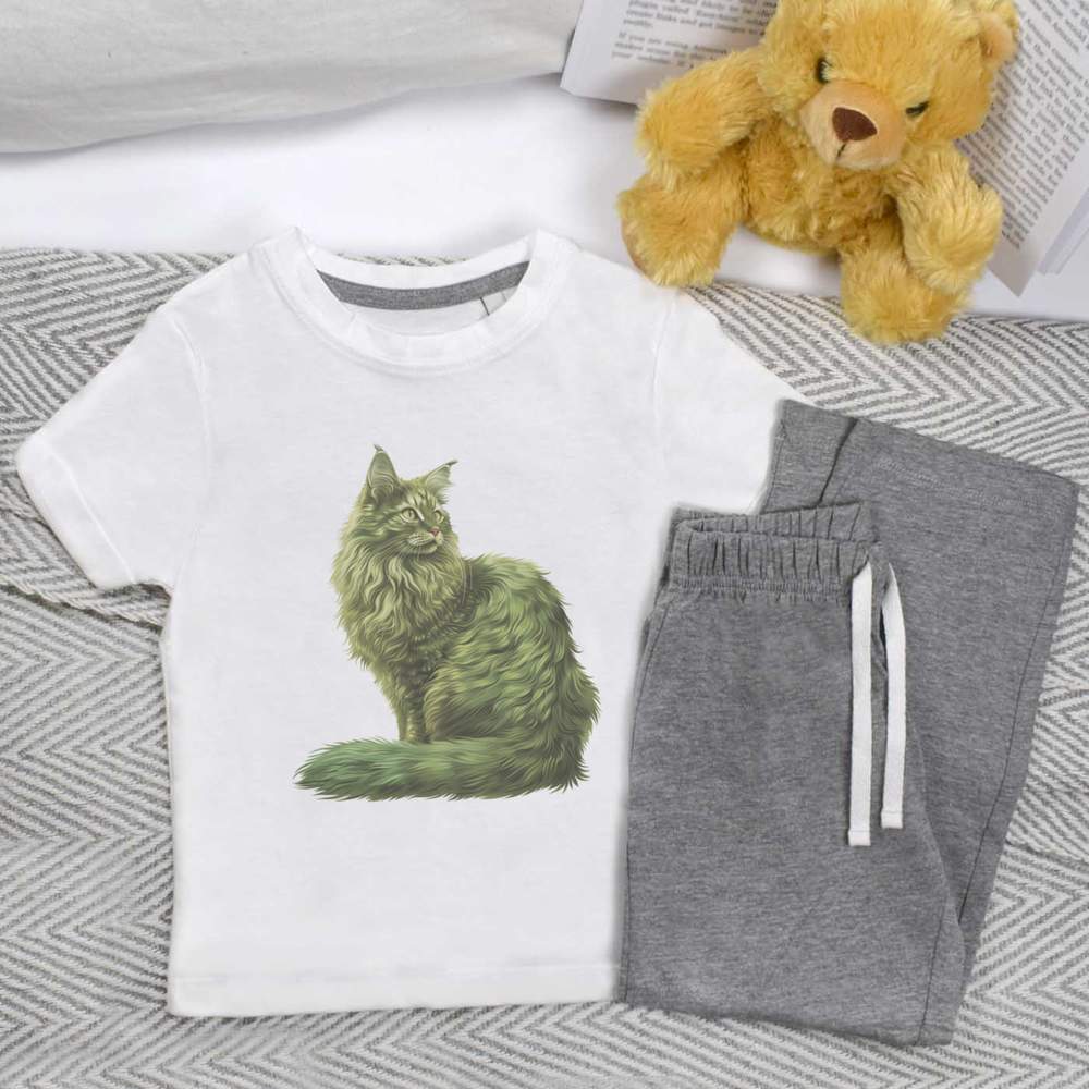 'Green Turkish Angora Cat' Kids Nightwear / Pyjama Set (KP049477)
