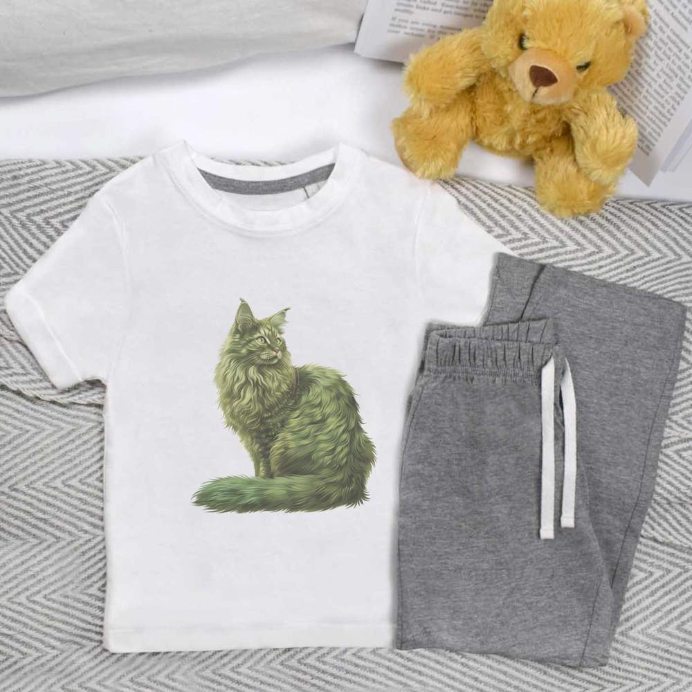 'Green Turkish Angora Cat' Kids Nightwear / Pyjama Set (KP049477)