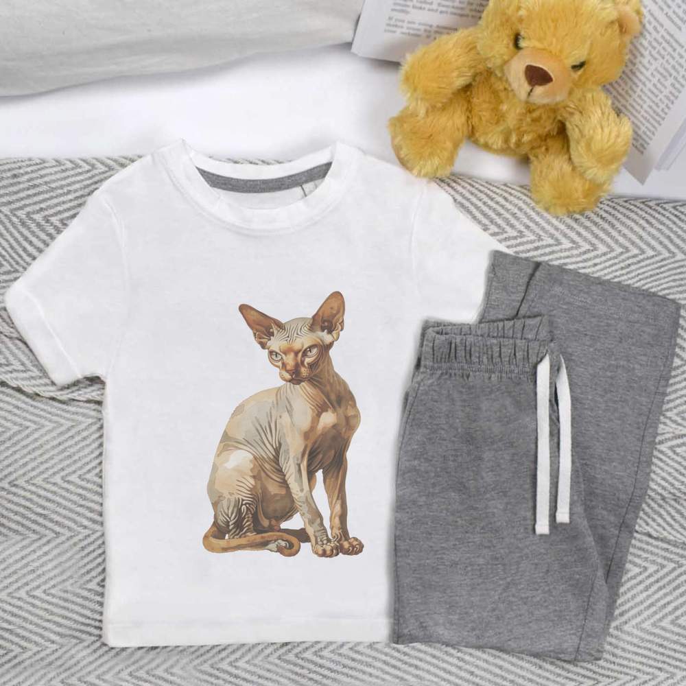 'Sphynx Cat Sitting' Kids Nightwear / Pyjama Set (KP051238)