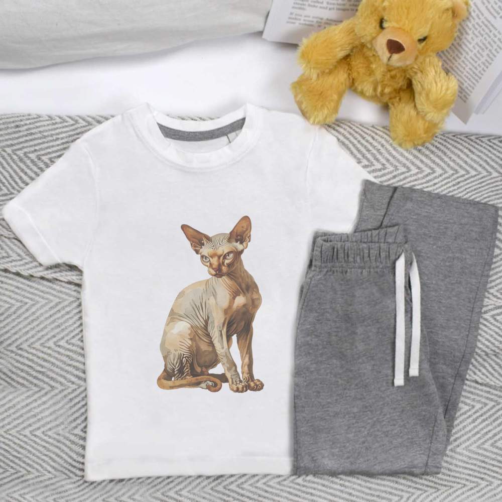 'Sphynx Cat Sitting' Kids Nightwear / Pyjama Set (KP051238)