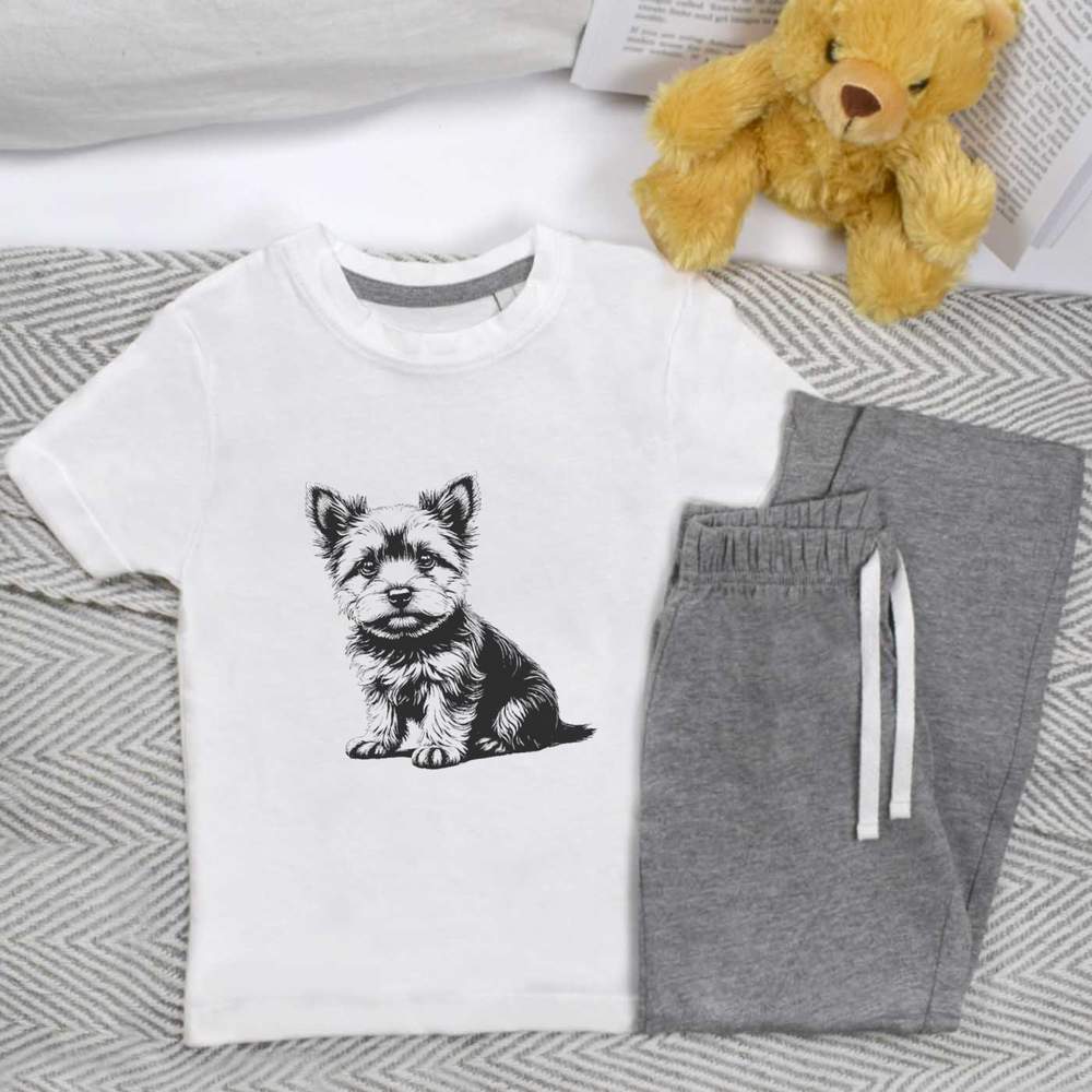 'Cute Yorkshire Terrier Puppy Sitting' Kids Nightwear / Pyjama Set (KP051275)