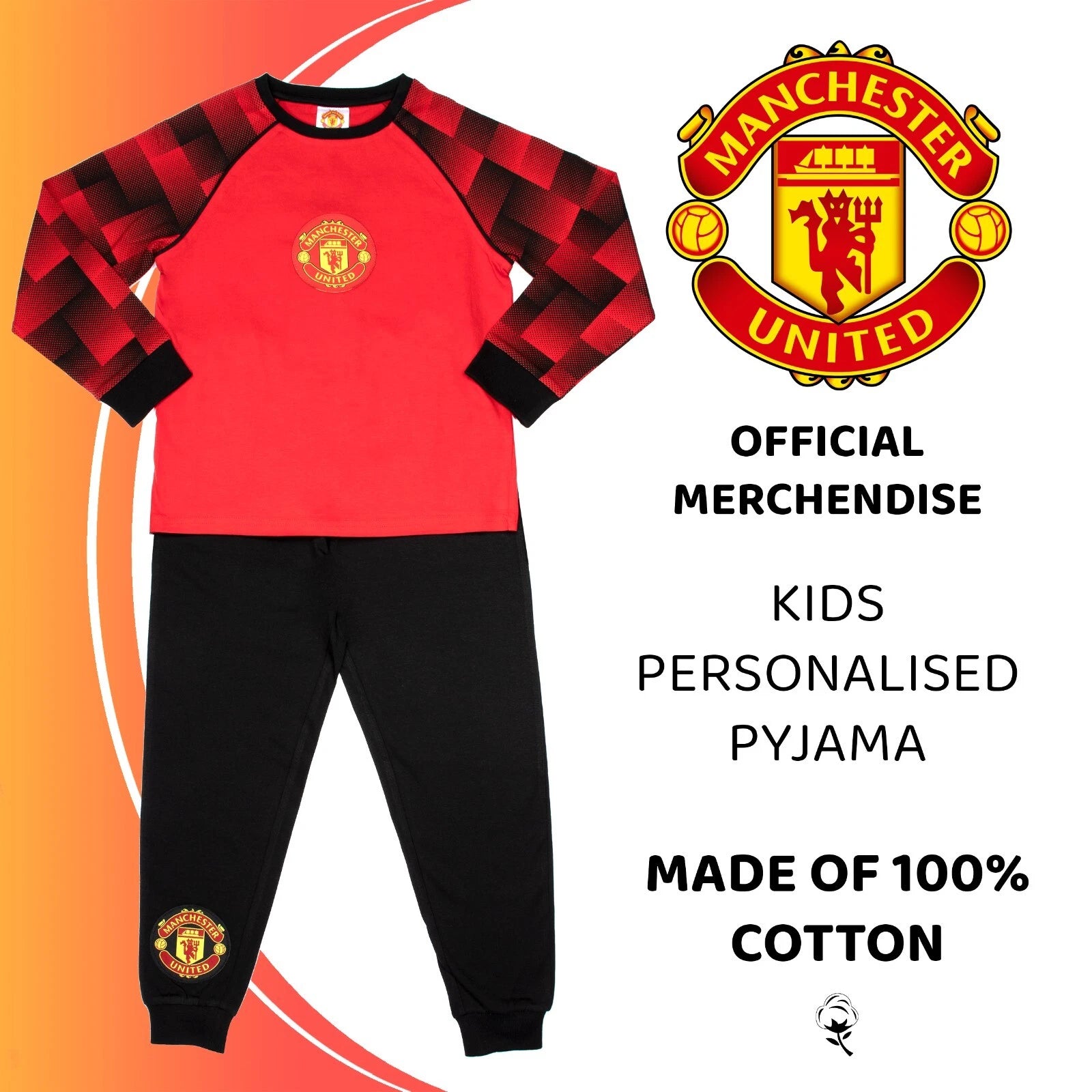 Manchester United Personalised Kids Pyjamas Long Sleeve PJ set for Boys Cotton