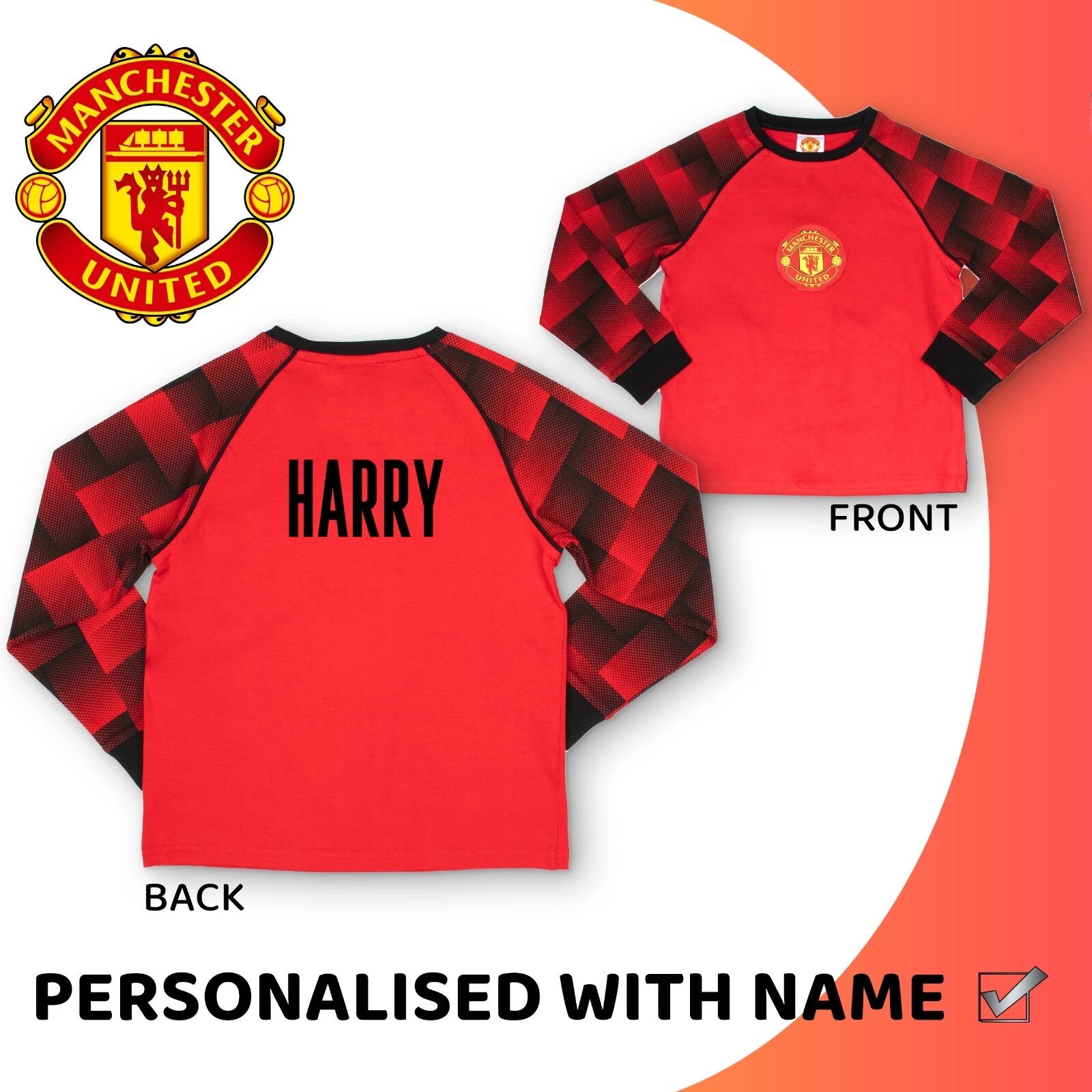 Manchester United Personalised Kids Pyjamas Long Sleeve PJ set for Boys Cotton