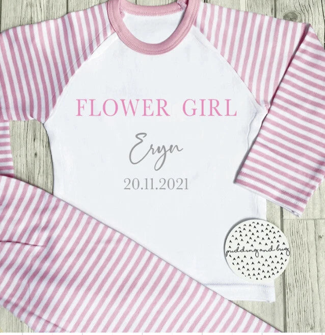PERSONALISED FLOWER GIRL PYJAMAS, Wedding Gift Pink White PJs bridesmaid