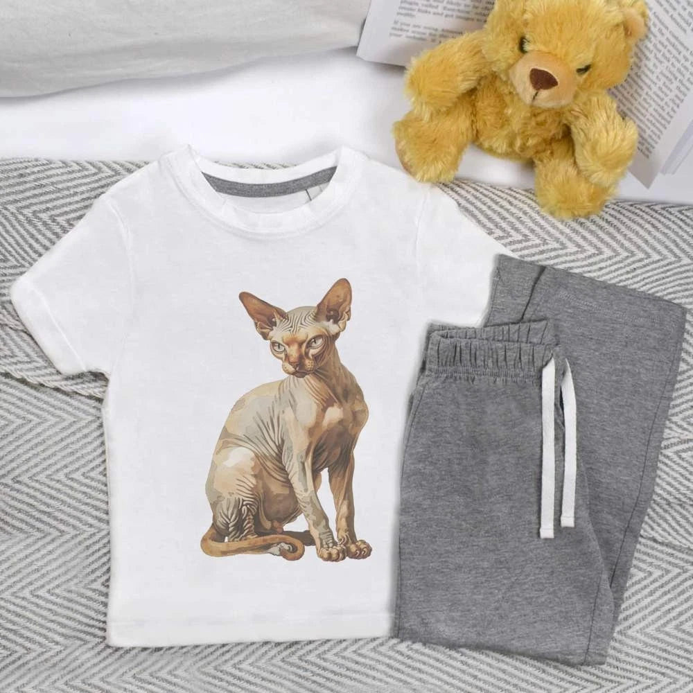 'Sphynx Cat Sitting' Kids Nightwear / Pyjama Set (KP051238)