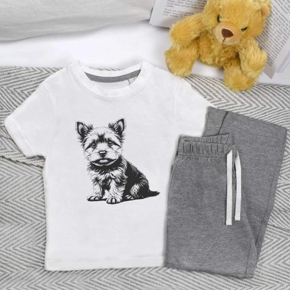 'Cute Yorkshire Terrier Puppy Sitting' Kids Nightwear / Pyjama Set (KP051275)