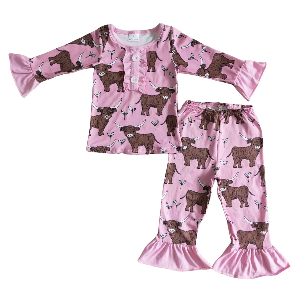 Girls Pink Long Sleeve Pajama Set Cow Print 2pcs Sleepwear
