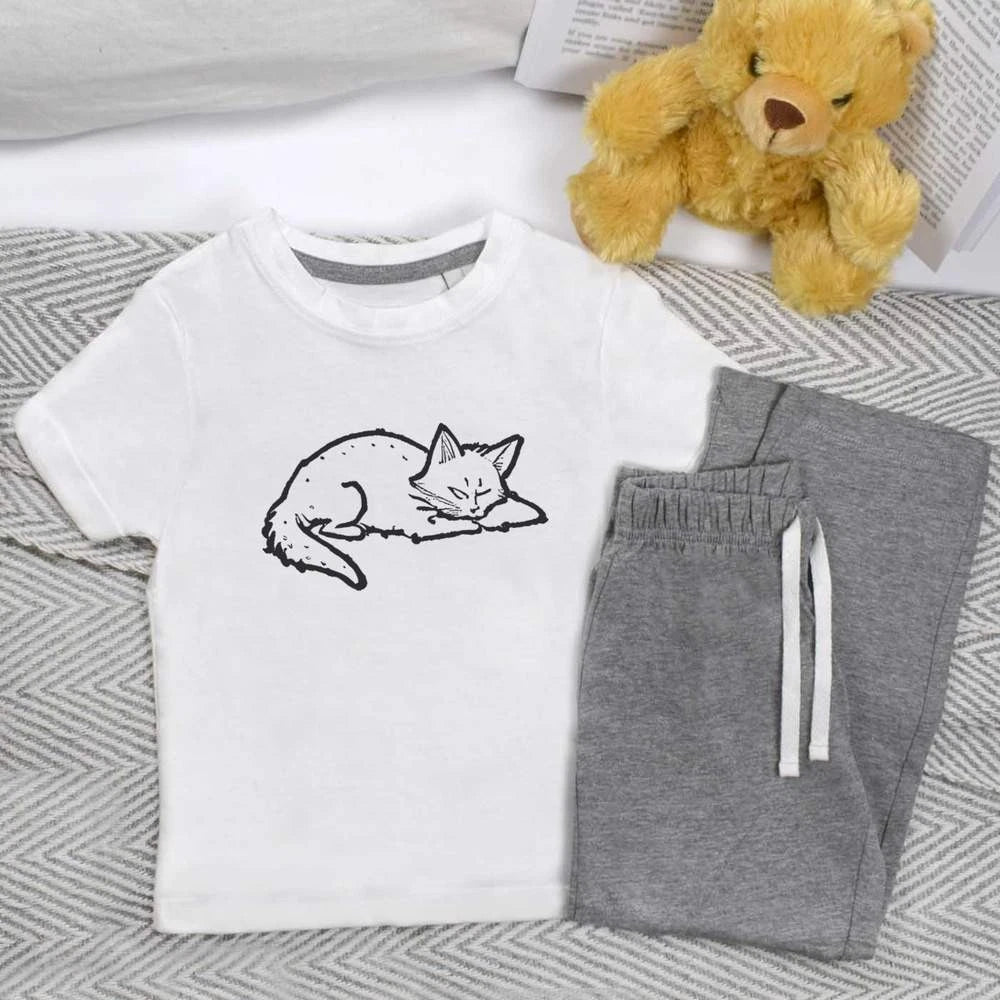 'Pixiebob Cat Sleeping' Kids Nightwear / Pyjama Set (KP046113)
