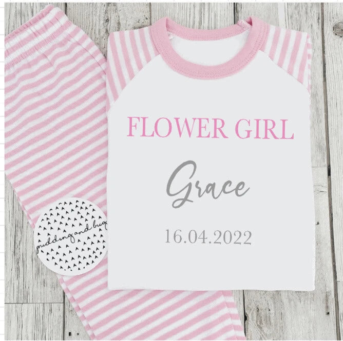 PERSONALISED FLOWER GIRL PYJAMAS, Wedding Gift Pink White PJs bridesmaid