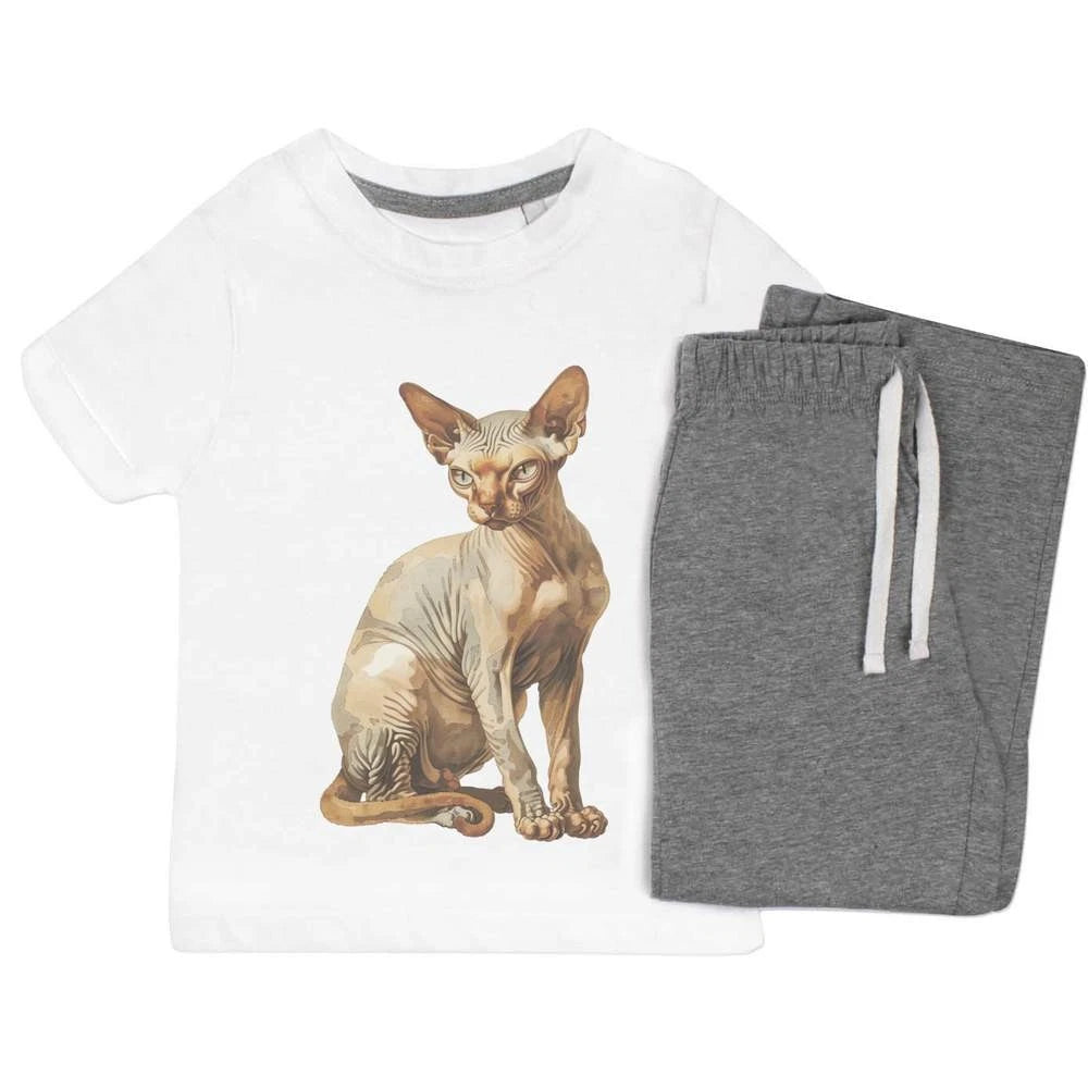 'Sphynx Cat Sitting' Kids Nightwear / Pyjama Set (KP051238)