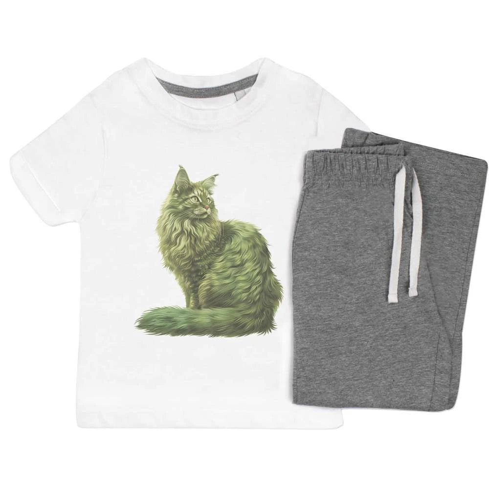 'Green Turkish Angora Cat' Kids Nightwear / Pyjama Set (KP049477)