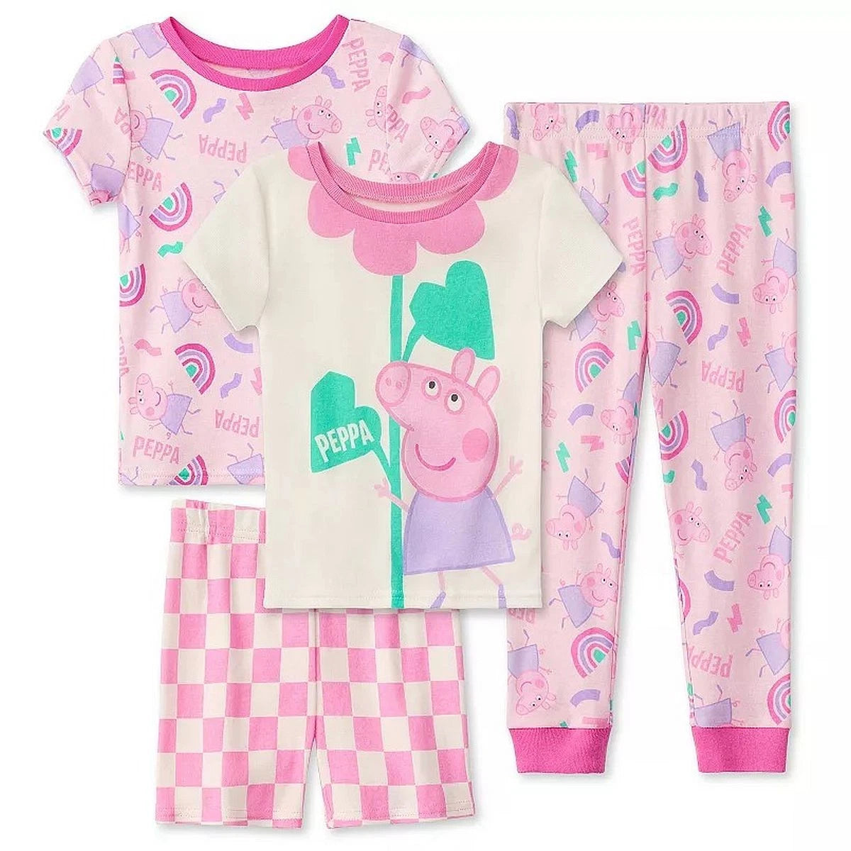 Peppa Pig Flowers and Rainbows Toddler Girl's Short-Sleeved 4-Piece Pajama Set