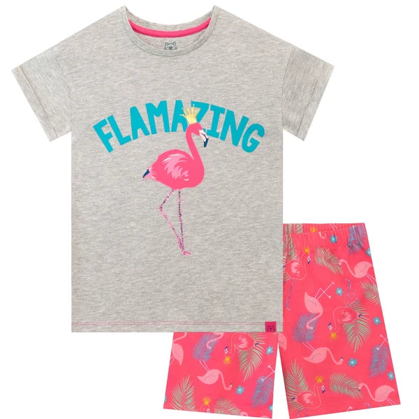 Flamingo Pyjamas Kids Girls 6 7 8 9 10 11 12 13 Years PJ Set Grey Pink T-Shirt