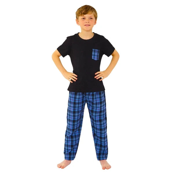 Boys Pyjama PJ Nightwear Sets 2 Piece Check Bottom Loungewear Short Long Bedlam