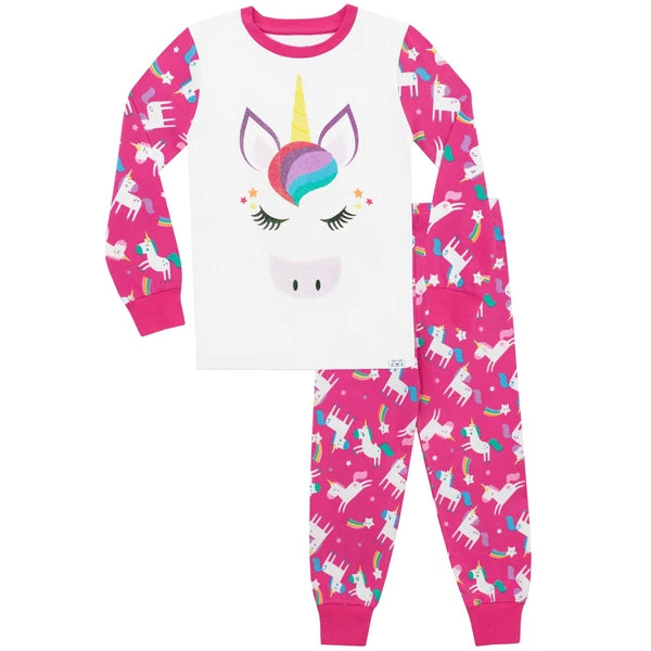 Rainbow Glitter Unicorn Pyjamas  5 6 7 8 9 10 11 12 Years PJs Nightwear Pink