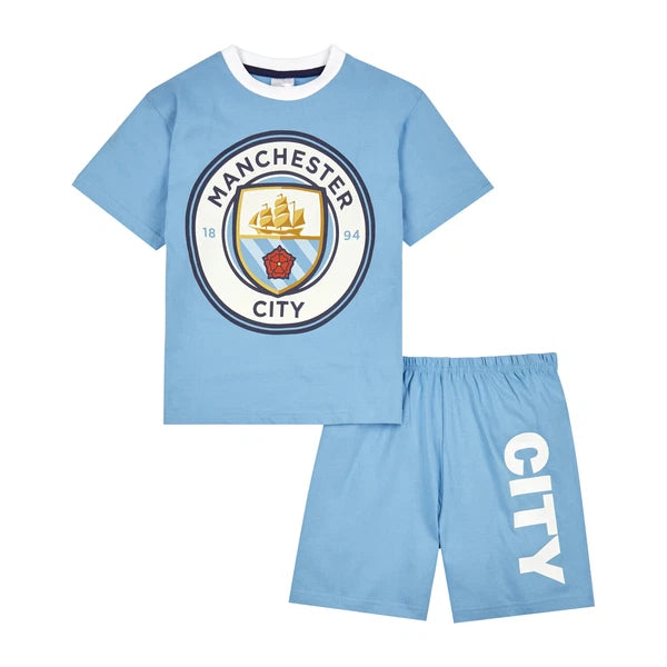 Manchester City F.C. Boys Pyjamas, Man City T-Shirt and Shorts PJs Set