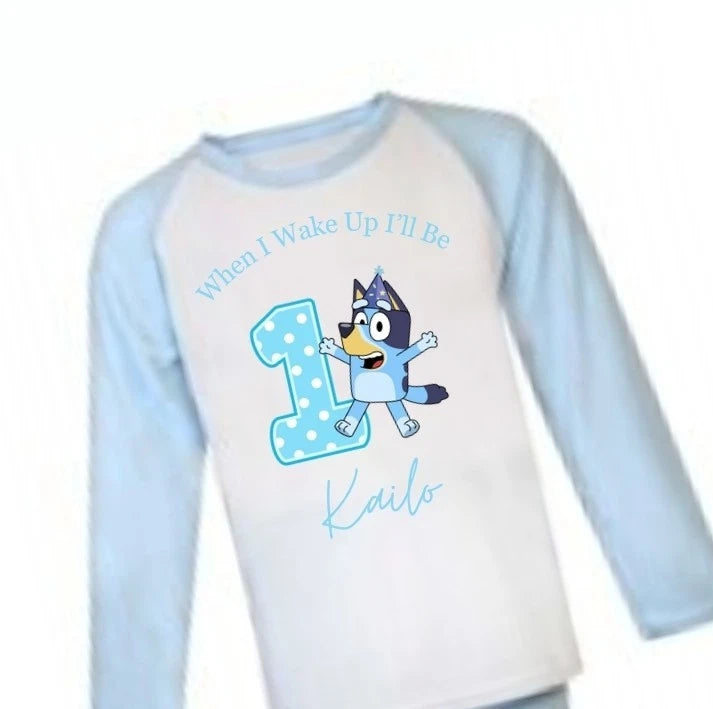 when i wake up i will be birthday pyjamas personalised PJs Blue