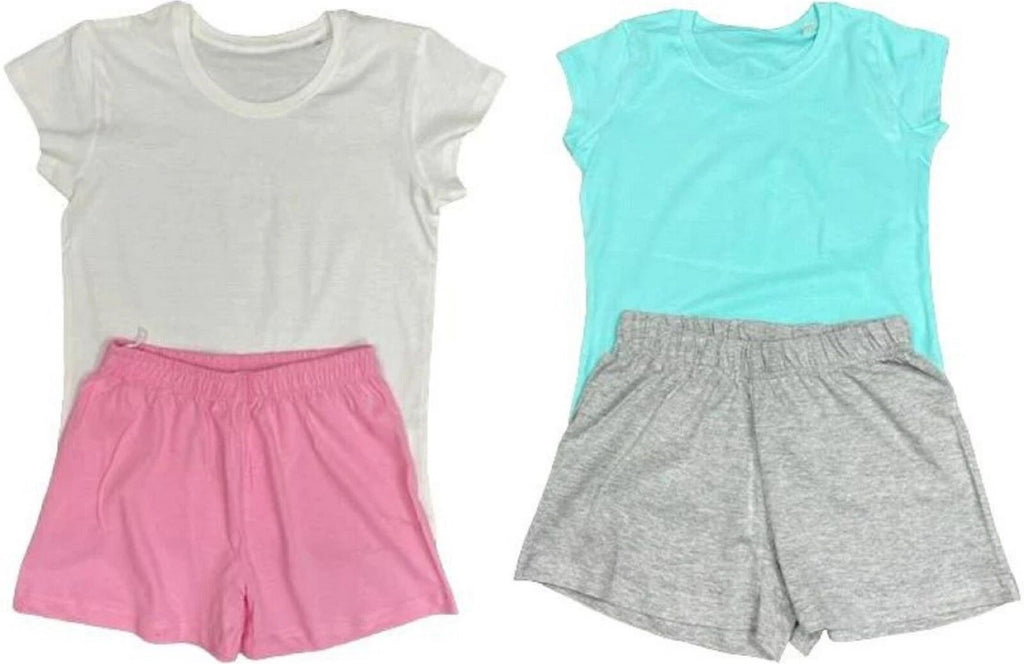 2 Pairs of Girls Plain Short Pyjamas /Mix & Match Shorty PJs in Sizes 3-10 years