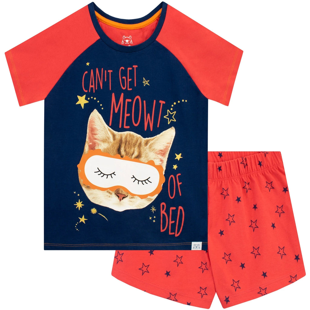 Sleepy Cat Pyjamas Kids Girls 6 7 8 9 10 11 12 13 Years Short PJs Sleepwear Red