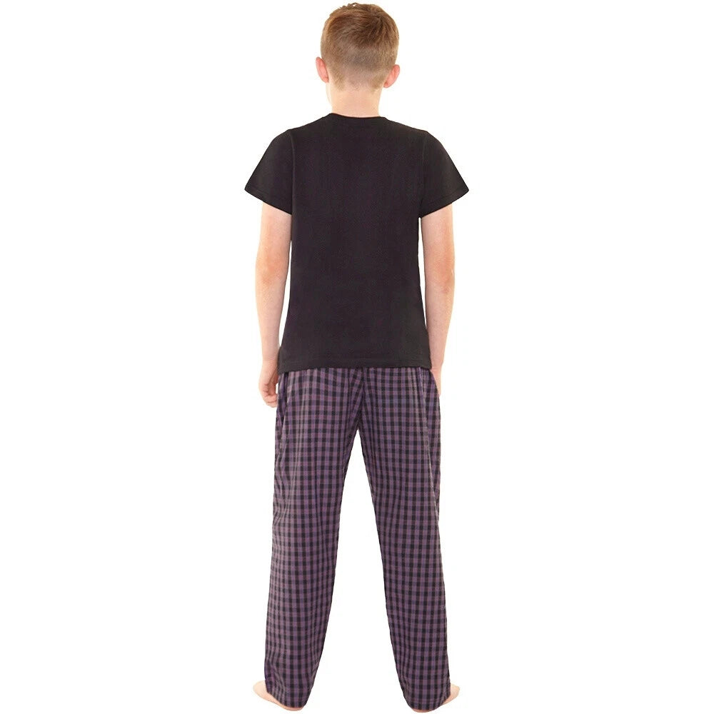 Boys Pyjama PJ Nightwear Sets 2 Piece Check Bottom Loungewear Short Long Bedlam