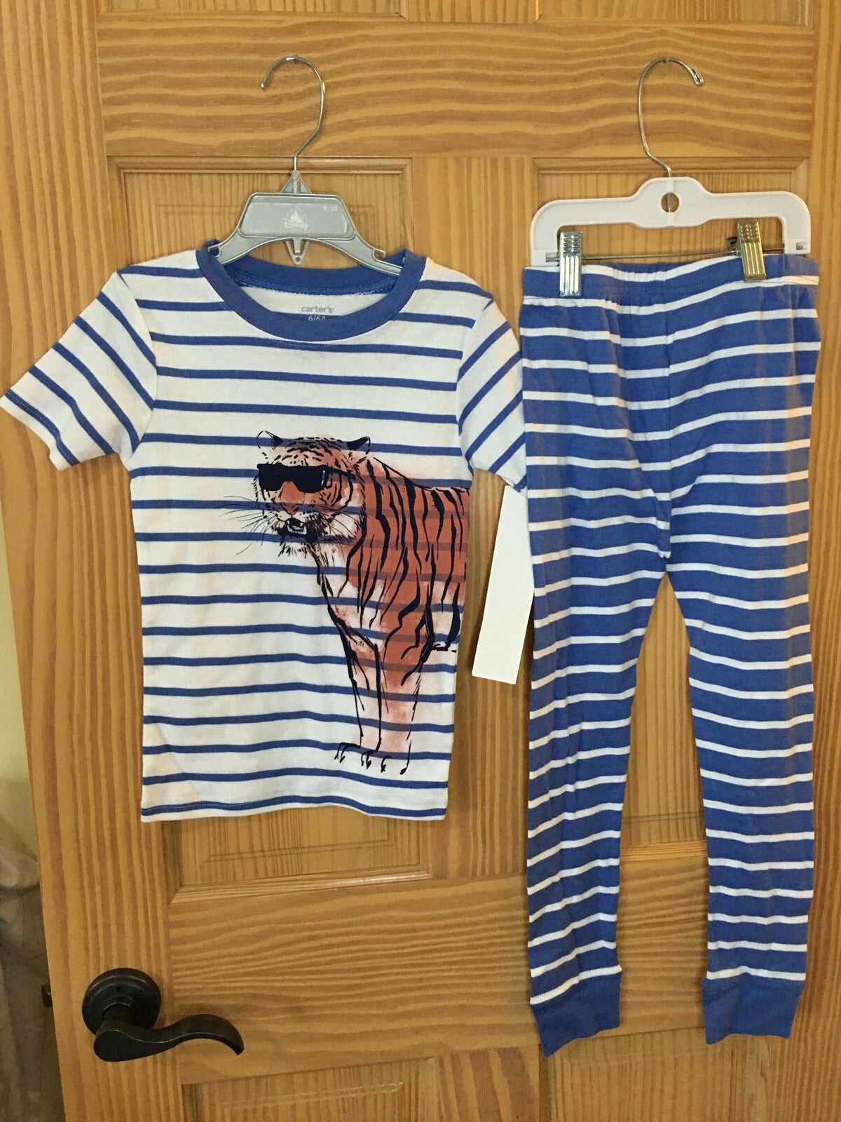 New Carter's Boys Tiger Pajama set Snug Fit Short Sleeve Pants Blue White Stripe