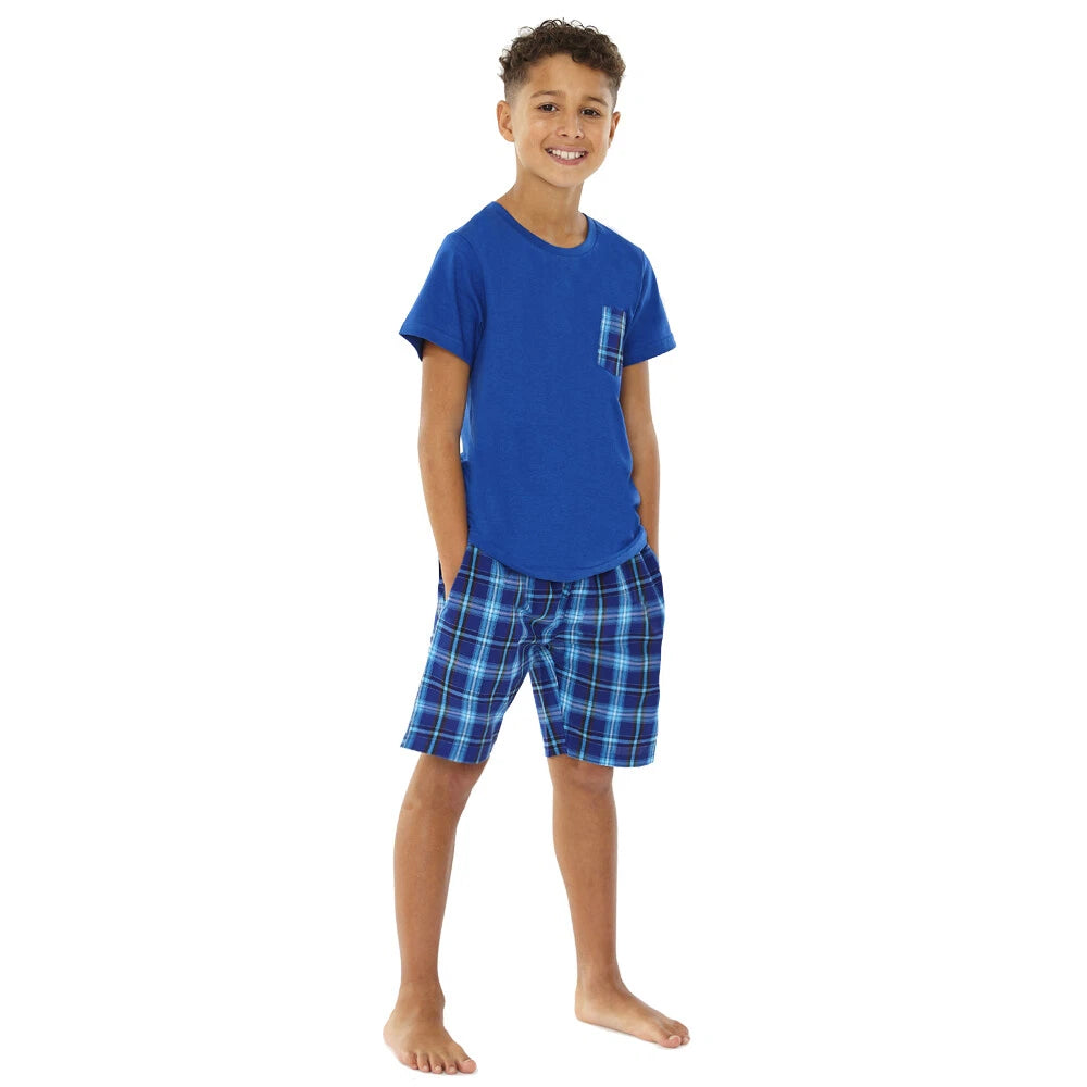 Boys Pyjama PJ Nightwear Sets 2 Piece Check Bottom Loungewear Short Long Bedlam