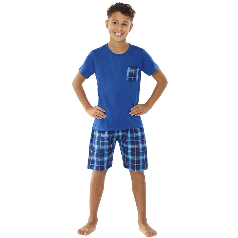 Boys Pyjama PJ Nightwear Sets 2 Piece Check Bottom Loungewear Short Long Bedlam