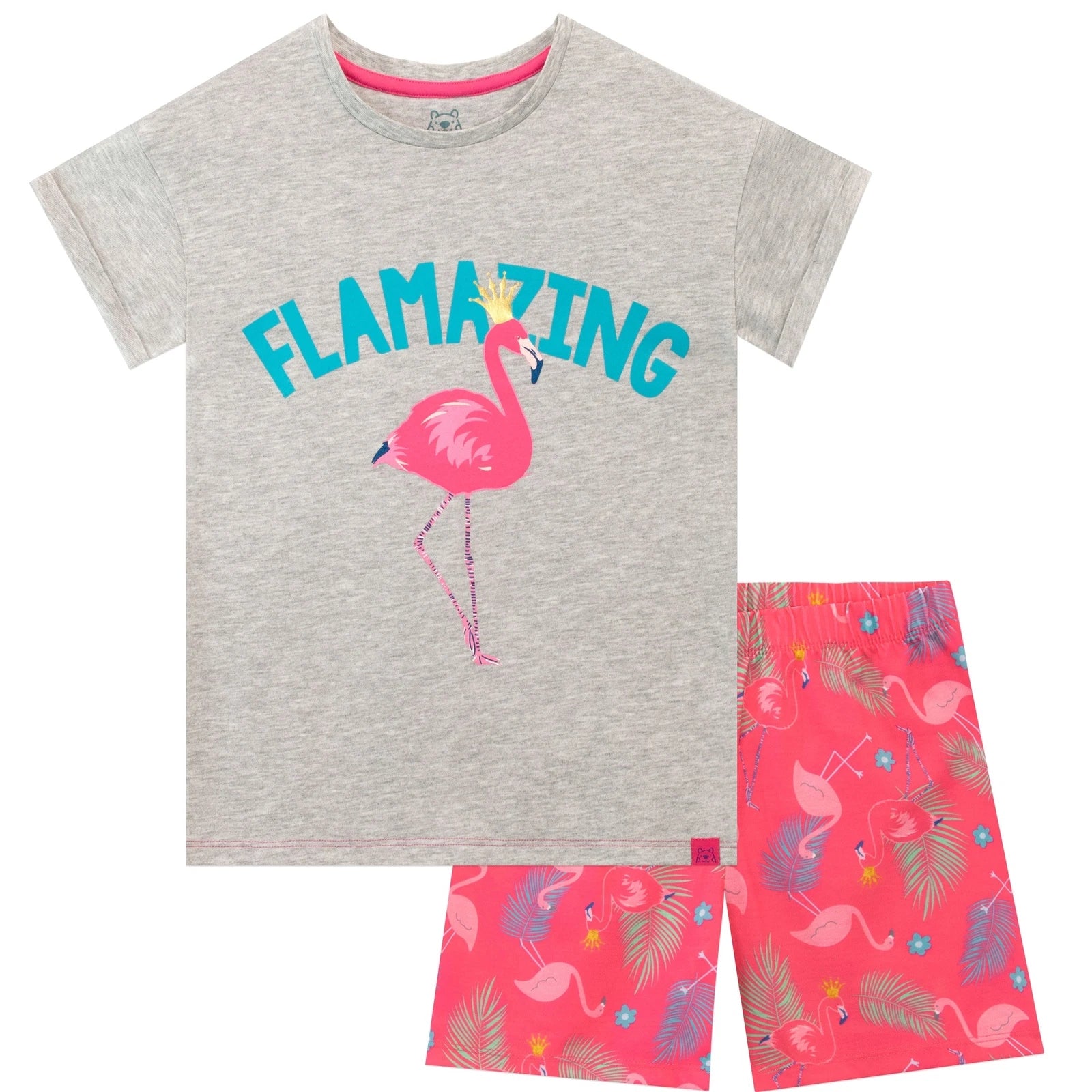 Flamingo Pyjamas Kids Girls 6 7 8 9 10 11 12 13 Years PJ Set Grey Pink T-Shirt