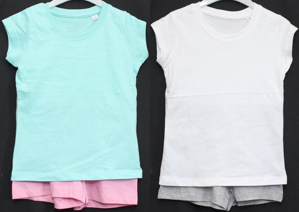 2 Pairs of Girls Plain Short Pyjamas /Mix & Match Shorty PJs in Sizes 3-10 years
