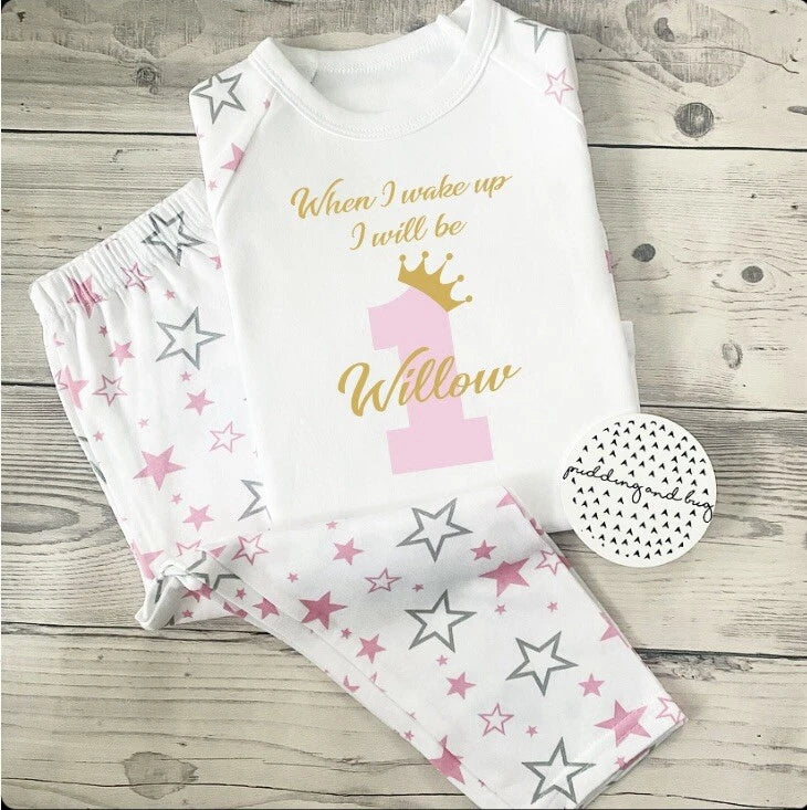 First Birthday personalised girls pyjamas when i wake up i will be one