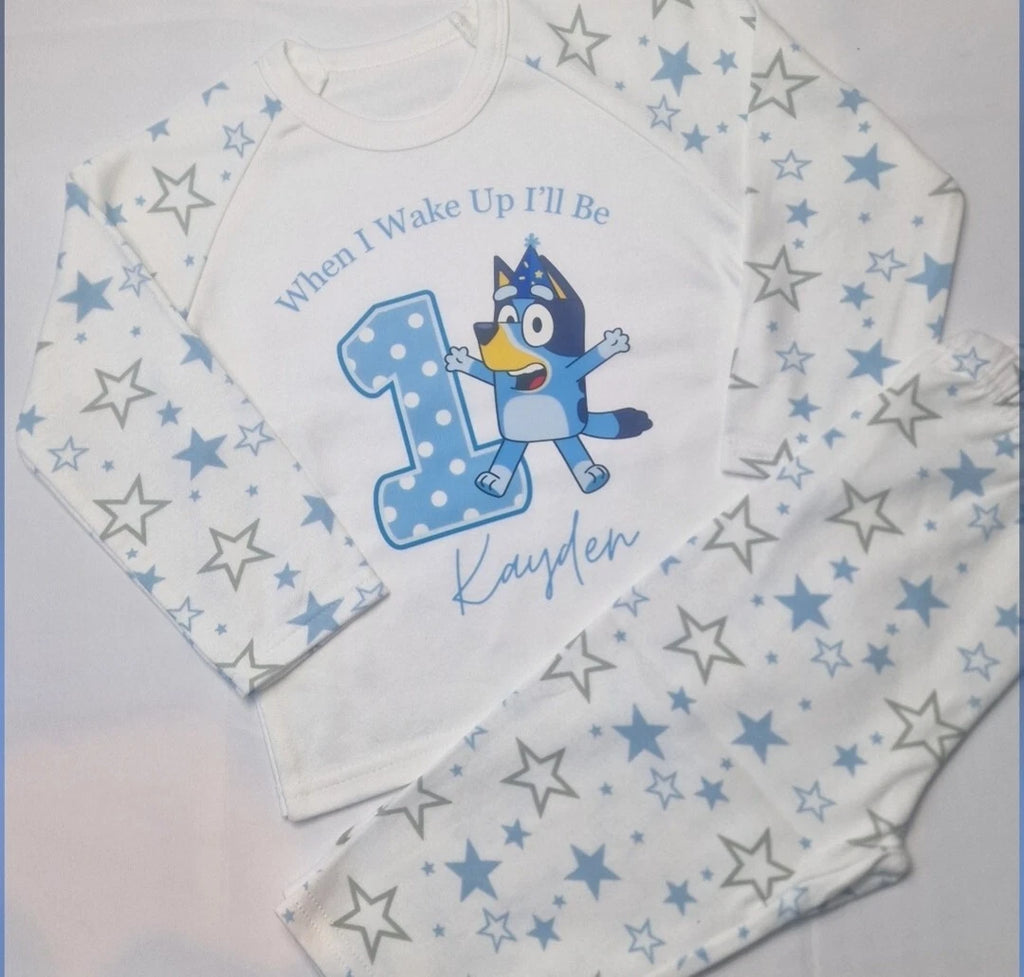 when i wake up i will be birthday pyjamas personalised PJs Blue