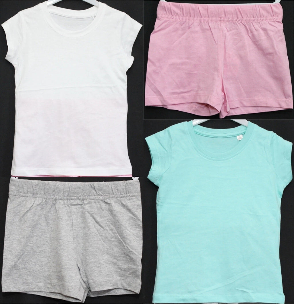 2 Pairs of Girls Plain Short Pyjamas /Mix & Match Shorty PJs in Sizes 3-10 years