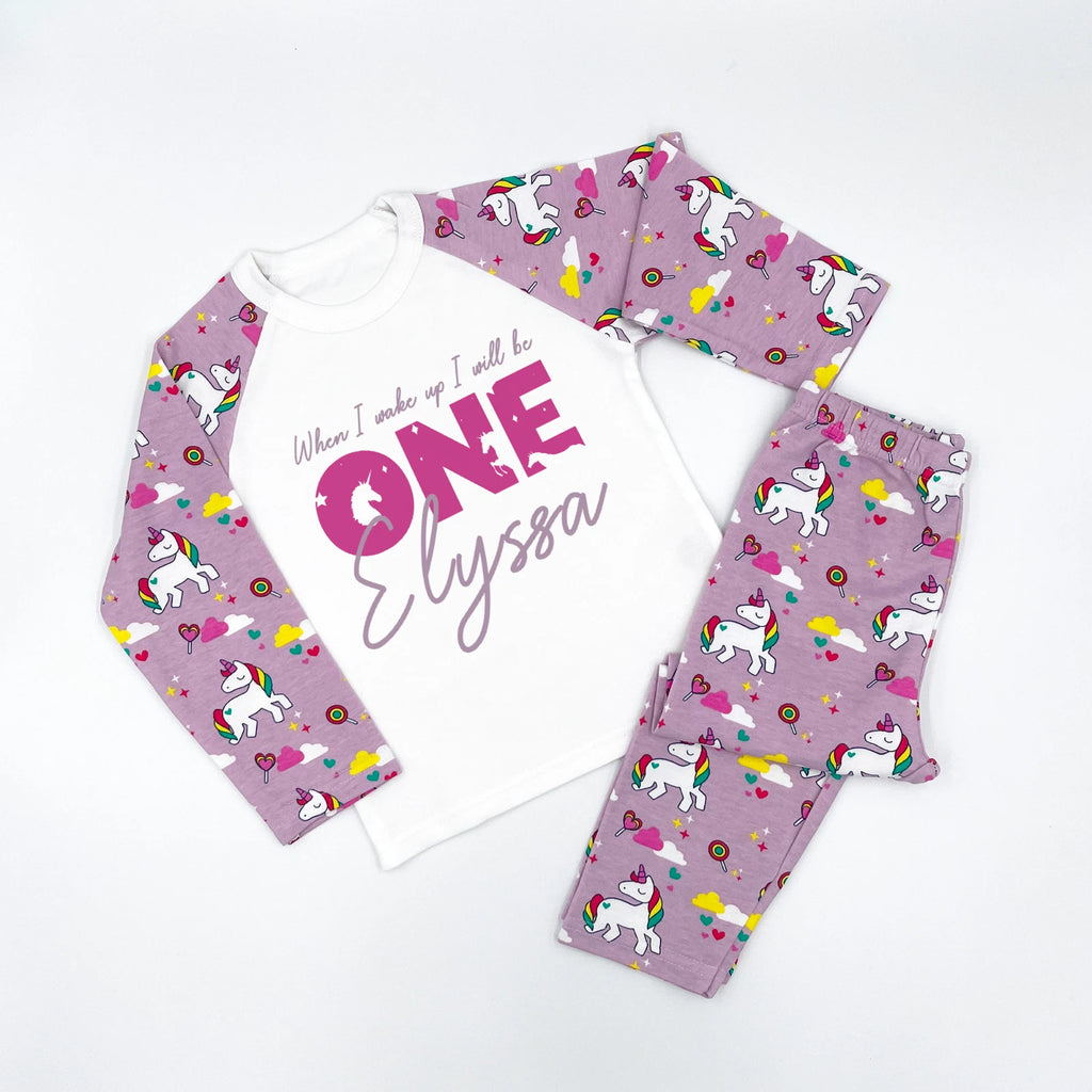 Personalised First Birthday Pyjamas Unicorn When I Wake Up I Will Be One PJ's