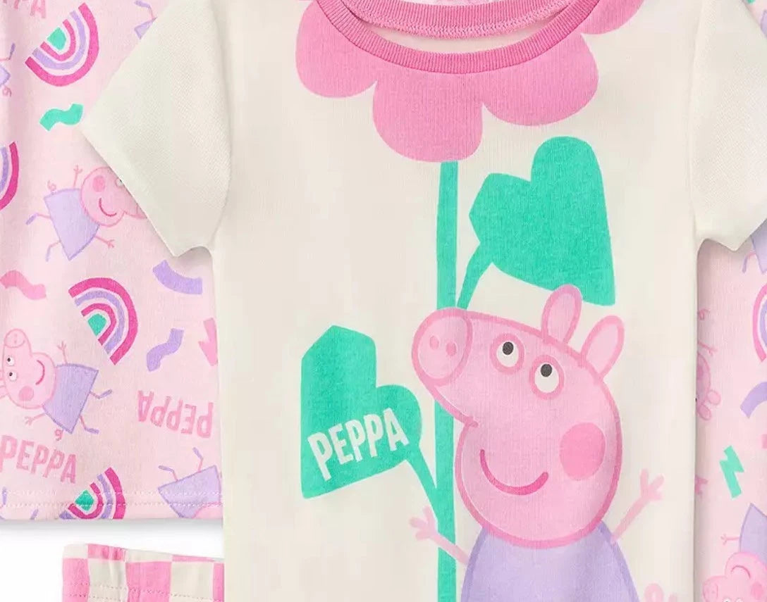 Peppa Pig Flowers and Rainbows Toddler Girl's Short-Sleeved 4-Piece Pajama Set