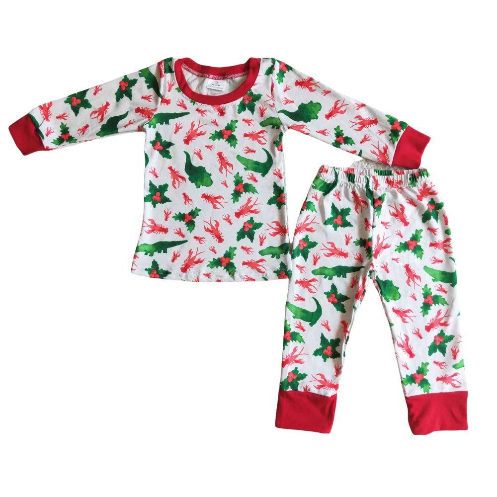 Boys Long Sleeve Pajama Set 2pcs Christmas Sleepwear Dinosaur Crawfish Print