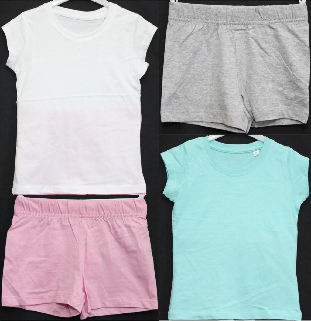 2 Pairs of Girls Plain Short Pyjamas /Mix & Match Shorty PJs in Sizes 3-10 years