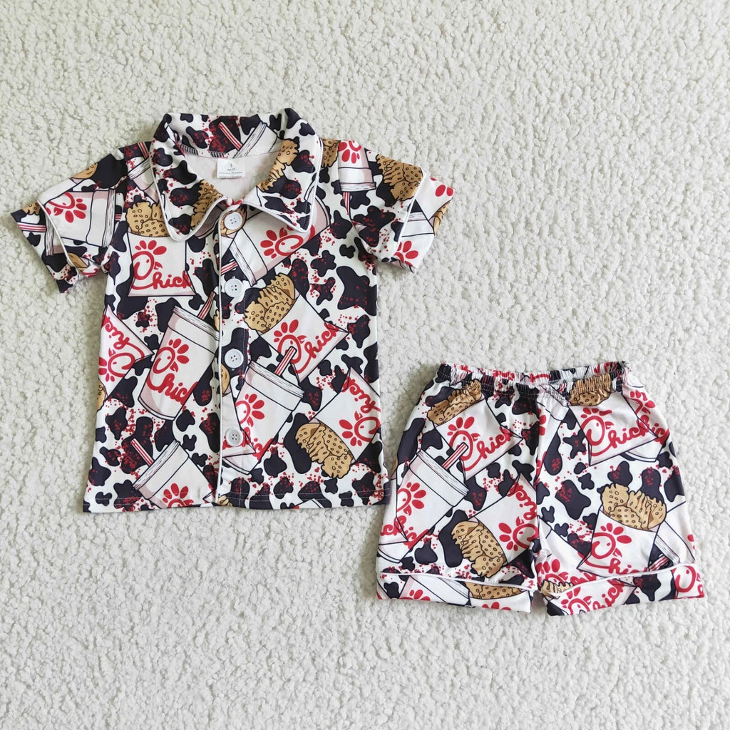 Kids 2pcs Cow Print Short Sleeve Shirt Shorts Summer Pajama Set