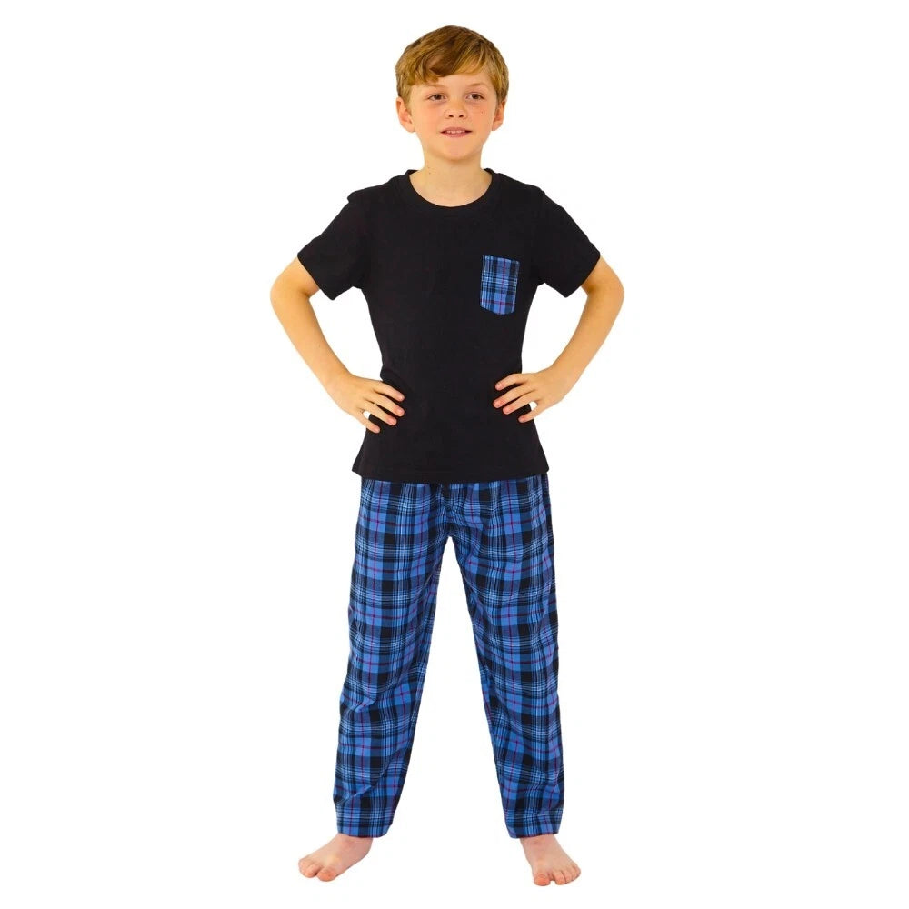 Boys Pyjama PJ Nightwear Sets 2 Piece Check Bottom Loungewear Short Long Bedlam