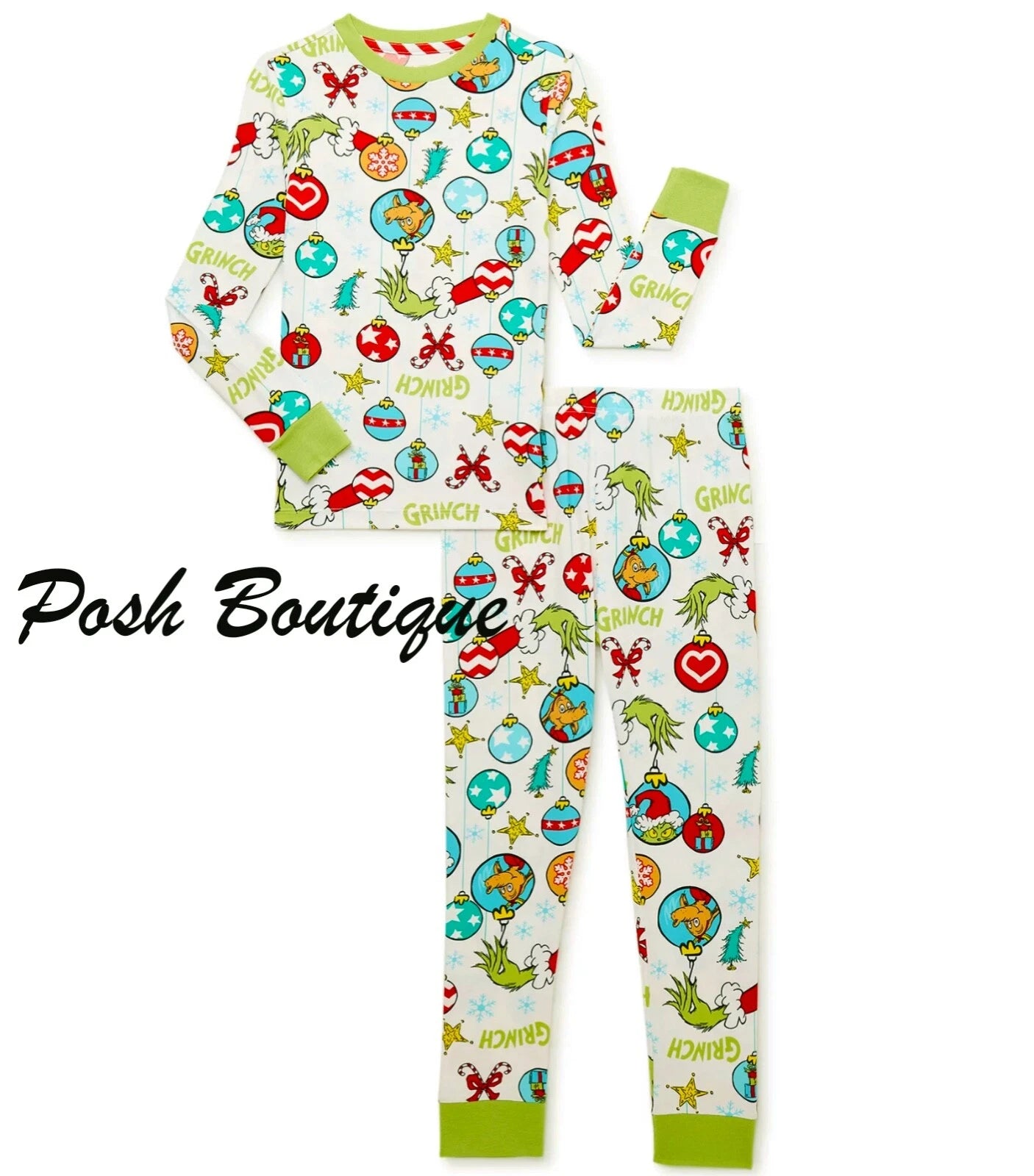 Kids Dr Seuss The Grinch Pajamas Set Shirt Pants Boys Girls Christmas 6 8 10 12