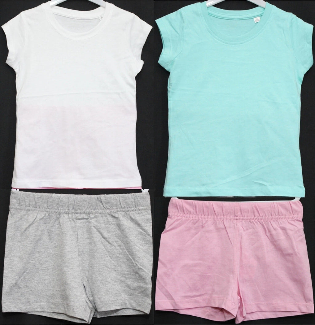 2 Pairs of Girls Plain Short Pyjamas /Mix & Match Shorty PJs in Sizes 3-10 years