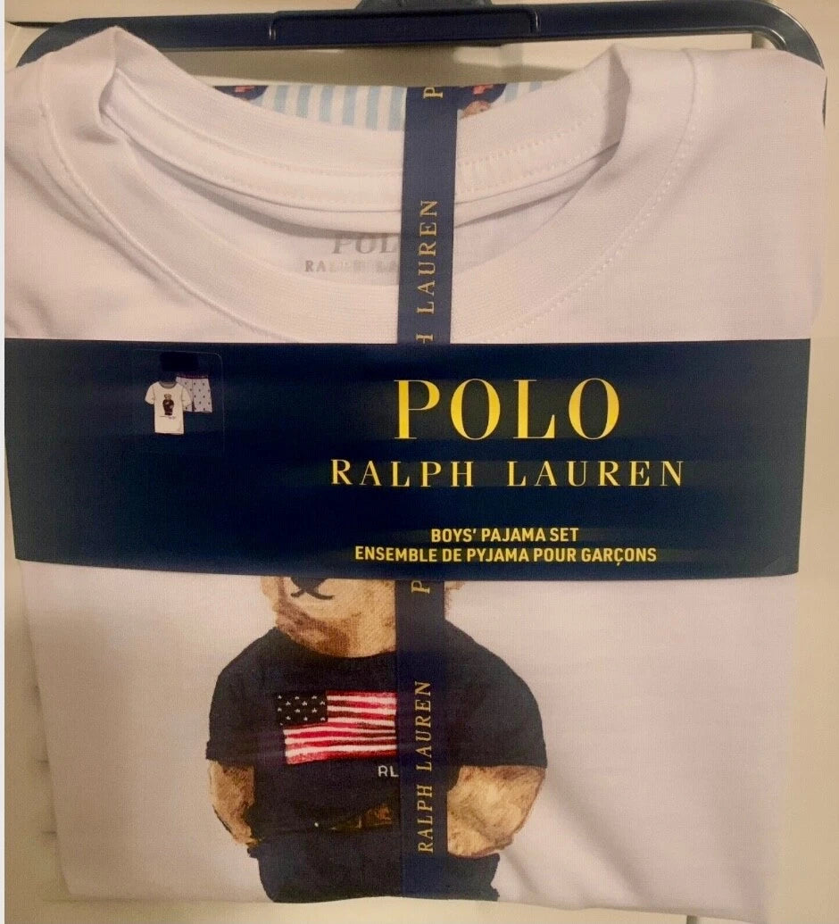 Kids / Boys Ralph Lauren Polo Bear Pajama Set Shorts White Blue Sizes 5, 6 & 7