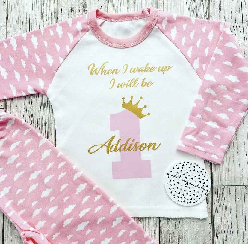 First Birthday personalised girls pyjamas when i wake up i will be one