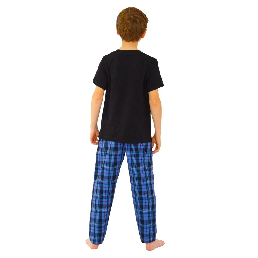 Boys Pyjama PJ Nightwear Sets 2 Piece Check Bottom Loungewear Short Long Bedlam
