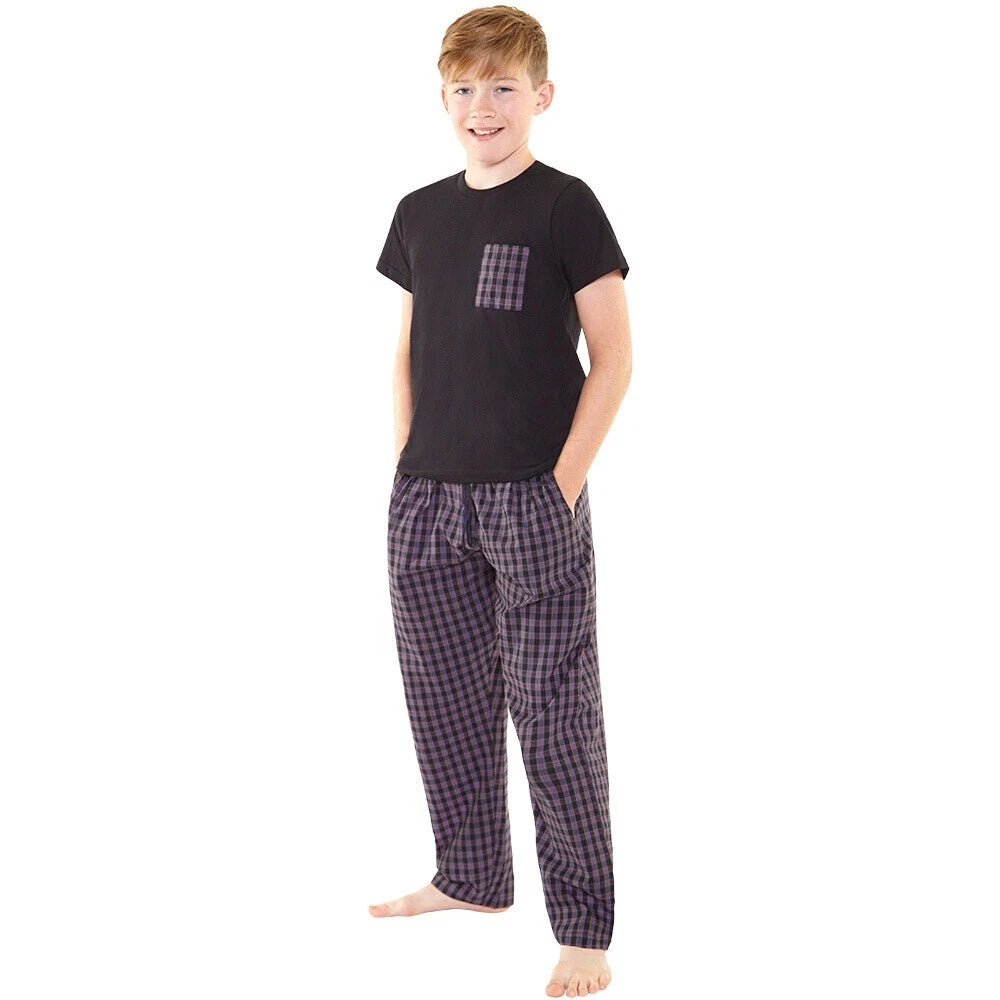 Boys Pyjama PJ Nightwear Sets 2 Piece Check Bottom Loungewear Short Long Bedlam