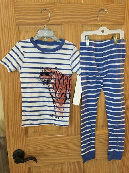 New Carter's Boys Tiger Pajama set Snug Fit Short Sleeve Pants Blue White Stripe