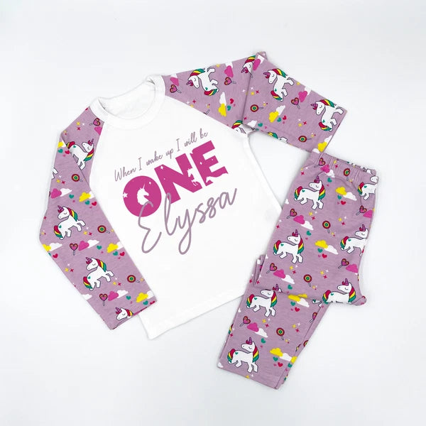Personalised First Birthday Pyjamas Unicorn When I Wake Up I Will Be One PJ's
